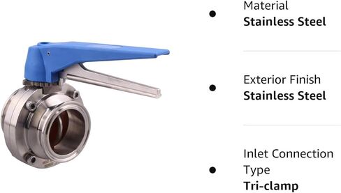 DERNORD 1.5 inch Tri Clamp Butterfly Valve with Blue Trigger Handle Stainless Steel 304 Tri Clamp Clover (1 Inch Tube OD) in Kuwait