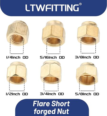 LTWFITTING Assortment Kit Tube OD 1/4-Inch 5/16-Inch 3/8-Inch 1/2-Inch 3/4-Inch 5/8-Inch Brass Flare Short Forged Nut Set(Pack of 30) in Saudi Arabia