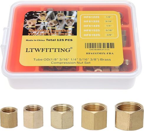 LTWFITTING Assortment Kit Tube OD 1/8" 3/16" 1/4" 5/16" 3/8" Brass Compression Nut Set (Pack of 125) in Kuwait