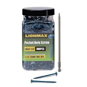 Pocket Hole Screws 2-1/2 Inch, LIONMAX Pocket Screws #8 x 2-1/2" 300PCS for Exterior, Blue Coated Pocket Hole Screw, Coarse Thread, Washer Head with Square Drive, 150MM Drive Bit Included in Saudi Arabia