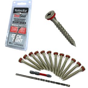 Velocity Concrete Screw Kit with RedSeal Moisture Barrier – Includes 12 High-Performance Concrete Screws, 1 Drill Bit, and 1 Driver Bit (Flat Head, Size 1/4" x 2 1/4")