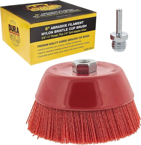 Dura-Gold 4" Abrasive Filament Nylon Bristle Cup Brush - 5/8" 11 Thread, 1/4" Hex Drill Shank Arbor, Coarse Grit Angle Grinder Brush for Truck Bed Liner Surface Prep, Sanding, Rust & Paint Removal in Saudi Arabia