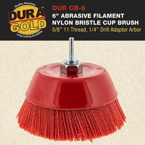 Dura-Gold 4" Abrasive Filament Nylon Bristle Cup Brush - 5/8" 11 Thread, 1/4" Hex Drill Shank Arbor, Coarse Grit Angle Grinder Brush for Truck Bed Liner Surface Prep, Sanding, Rust & Paint Removal in Saudi Arabia