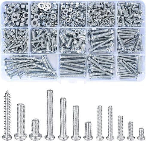550 Pcs Machine Screws and Nuts and Bolts and Flat Washers Hardware Assortment Kit, M3/M4/M5 Phillips Pan Round Head Set, with Storage Case - 12 Sizes in Kuwait