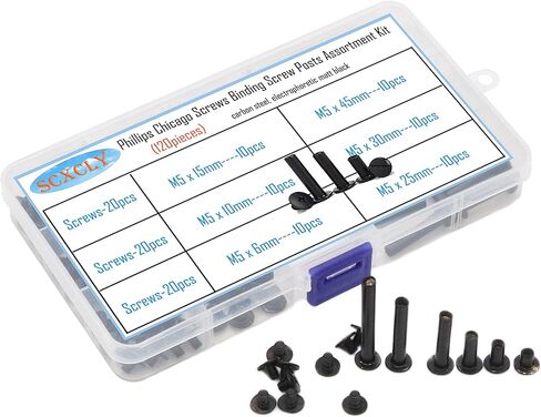 مجموعة متنوعة من أعمدة ربط براغي شيكاغو SCXCLY 120 قطعة، 6 مقاسات (M5 × 6/10/15/25/30/45 م)، فولاذ كربوني كهربائي (أسود) in Kuwait