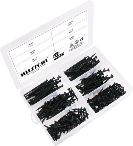 مجموعة متنوعة من برغي الجدران الجافة الخشنة رقم 7 من Hilitchi، رأس باجل، محرك فيليبس، لمسة نهائية من أكسيد الأسود، من أجل لوح لوح الجفاف، الخشب - [6 مقاسات مختلفة] in Kuwait