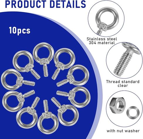 10 Pack Eye Bolts with Nuts M6 Screw Eyebolt Stainless Steel Heavy Duty Eye Bolt Male Screw Thread Ring Shoulder Eye Bolts in Saudi Arabia