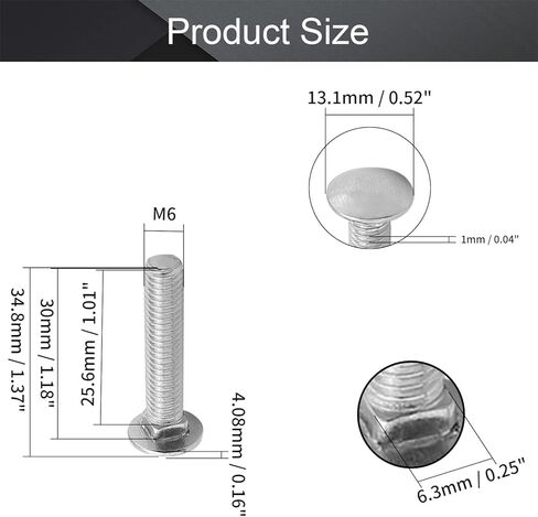 MroMax 10PCS Carriage Bolts M6x30mm Half Round Head Square Neck Bolt Fasteners 304 Stainless Steel Neck Carriage Bolt Silver Tone in Kuwait