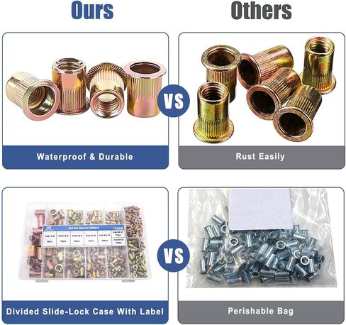 500 قطعة مجموعة صواميل البرشام SAE، تشكيلة صواميل البرشام 6#-32، 8#-32، 10#-24، 1/4"-20، 5/16"-18، 3/8"-16، 1/2"- 13، UNC الكربون الصلب الزنك مطلي الانتهاء من رأس مسطح الخيوط إدراج برشام المكسرات مجموعة in Kuwait