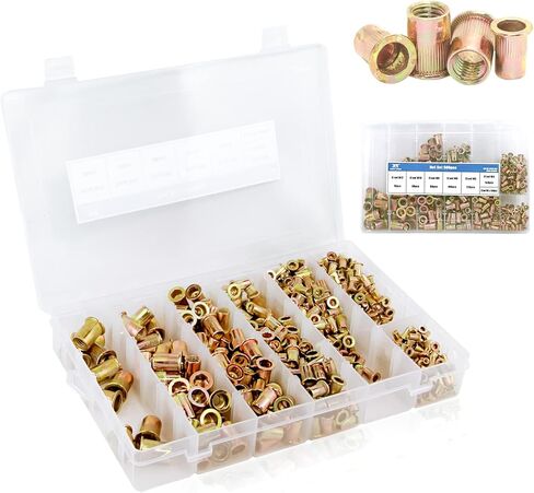 500 قطعة مجموعة صواميل البرشام SAE، تشكيلة صواميل البرشام 6#-32، 8#-32، 10#-24، 1/4"-20، 5/16"-18، 3/8"-16، 1/2"- 13، UNC الكربون الصلب الزنك مطلي الانتهاء من رأس مسطح الخيوط إدراج برشام المكسرات مجموعة in Kuwait