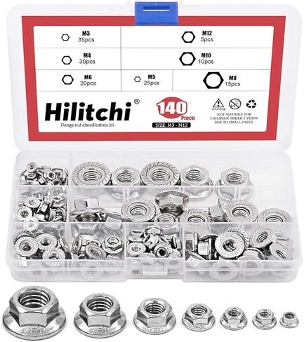 Hilitchi 140-Pcs M3 M4 M5 M6 M8 M10 M12 Hex Flange Nuts Assortment Kit - 304 Stainless Steel in Saudi Arabia
