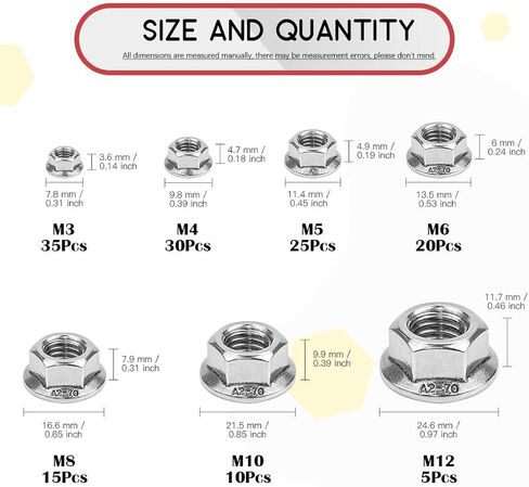 Hilitchi 140-Pcs M3 M4 M5 M6 M8 M10 M12 Hex Flange Nuts Assortment Kit - 304 Stainless Steel in Saudi Arabia