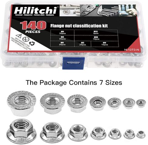 Hilitchi 140-Pcs M3 M4 M5 M6 M8 M10 M12 Hex Flange Nuts Assortment Kit - 304 Stainless Steel in Saudi Arabia