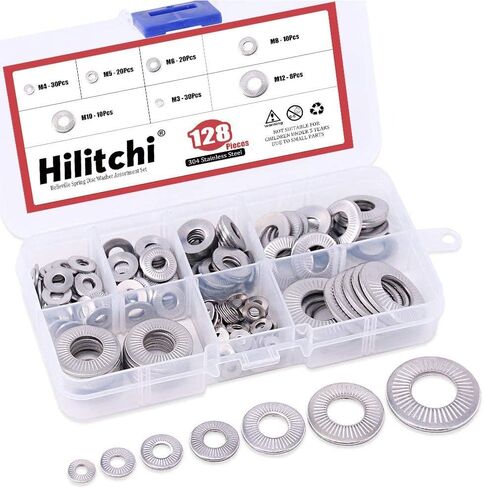 Hilitchi 128-Pcs [M3 - M12] Stainless Steel Washers Metric 304 Stainless Steel Belleville Spring Disc Washer Assortment Set in Saudi Arabia