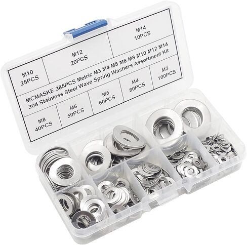 MCMASKE 385 قطعة متري M3 M4 M5 M6 M8 M10 M12 M14 304 الفولاذ المقاوم للصدأ موجة الربيع غسالات مجموعة متنوعة in Kuwait