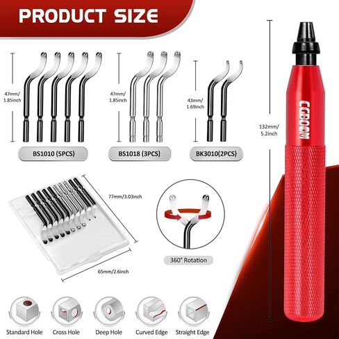 أداة إزالة الأزيز مع 10 شفرات HSS (فولاذية) إضافية في 3 أوضاع ومقبض ألومنيوم واحد - تعمل على المعدن والبلاستيك والراتنج والطابعة ثلاثية الأبعاد وأنابيب PVC والنحاس، ومزيل حواف الثقب، ومزيل الأزيز، وأداة مخرطة محمولة in Kuwait