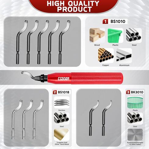 أداة إزالة الأزيز مع 10 شفرات HSS (فولاذية) إضافية في 3 أوضاع ومقبض ألومنيوم واحد - تعمل على المعدن والبلاستيك والراتنج والطابعة ثلاثية الأبعاد وأنابيب PVC والنحاس، ومزيل حواف الثقب، ومزيل الأزيز، وأداة مخرطة محمولة in Kuwait