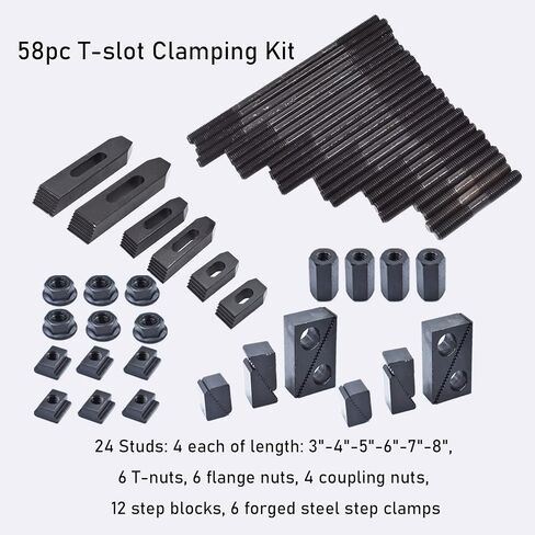 58pc T-slot Clamping Kit Sets of Fixtures, Pro-Series 1/2 T-Slot Step Hold Down Clamp Clamping Kit 3/8-16 Stud Clamping Kit Mill Machinist Set in Kuwait