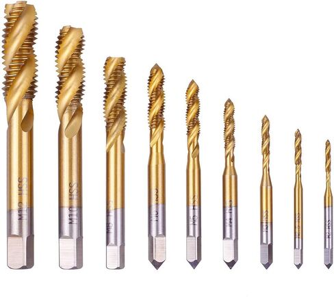 Rocaris 9 Pack of M2 M2.5 M3 M4 M5 M6 M8 M10 M12 Titanium Coated HSS Spiral Flute Metric Taps Set in Kuwait