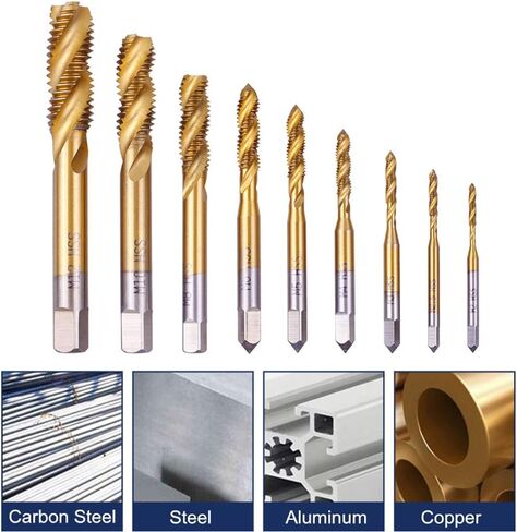 Rocaris 9 Pack of M2 M2.5 M3 M4 M5 M6 M8 M10 M12 Titanium Coated HSS Spiral Flute Metric Taps Set in Kuwait