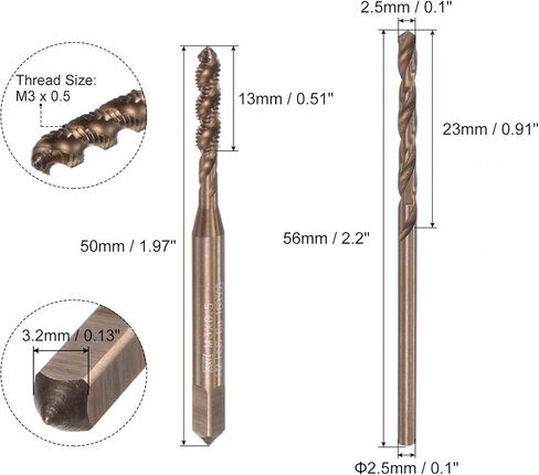 uxcell M3 x 0.5 صنبور فلوت حلزوني ومجموعة رؤوس مثقاب ملفوفة 2.5 مم، متري M35 كوبالت عالي السرعة من الصلب أداة صنبور لولبية من الفولاذ المقاوم للصدأ in Kuwait