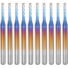 HARFINGTON 10pcs End Mills CNC Router Bits 1/8" Shank 1.6mm Blue Coated Tungsten Carbide Milling Cutters for PCB Acrylic Wood Aluminum Metal