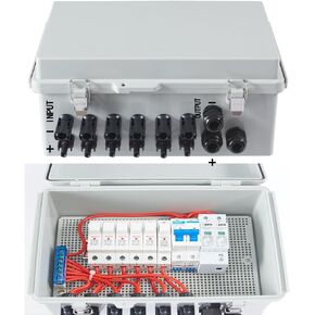 QL-LINRUN صندوق الموحد، صندوق الموحد الكهروضوئي، صندوق الموحد للطاقة الشمسية مع 4 سلسلة من الصمامات الحالية المقدرة 15A، جهاز حماية الطفرة وقاطع دائرة الهواء 63A لنظام الألواح الشمسية على / خارج الشبكة