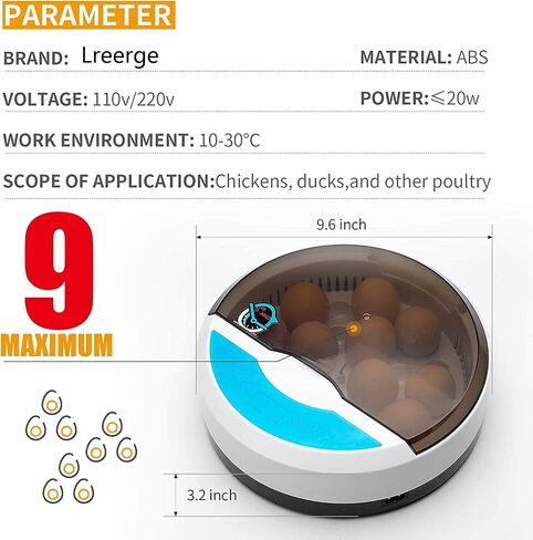 Lreerge Egg Incubator，with 9 LED Lighted Egg Candle Tester and Temperature Control Device One-Key Incubation for Heat Preservation and Mini 9 Egg Incubator Breeder for Chicken, Ducks, Birds in Saudi Arabia