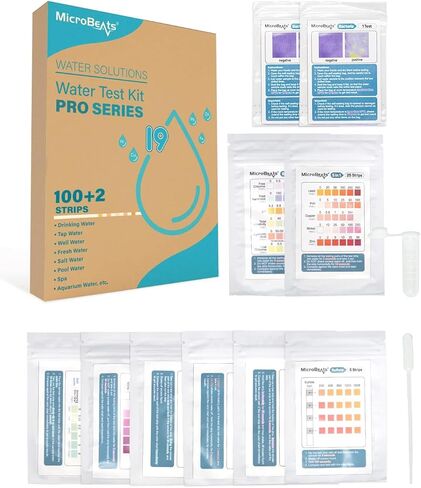 مجموعات اختبار المياه لمياه الشرب، مجموعة أدوات اختبار المياه MicroBeats PRO 19 في 1 من سلسلة MicroBeats PRO، جهاز اختبار جودة مياه الآبار في City Home Tap، 100 شريط + 2 اختبار لصلابة حديد الرصاص ودرجة الحموضة والفلورايد، والمزيد in Kuwait