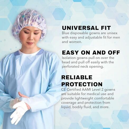 50 حزمة، أثواب عزل من المستوى 2، PP+PE، أزرق، مقاس واحد (OSFM)، فوق الرأس (OTH)، ربطة خصر، حلقات إبهام، ظهر مفتوح، مقاوم للسوائل، بولي بروبيلين غير منسوج مع طلاء بولي إيثيلين in Kuwait