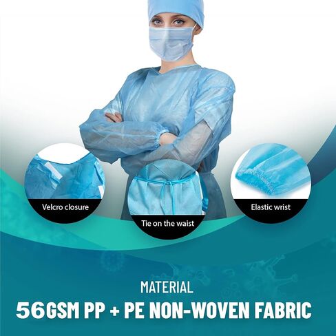 MEDICAL NATION 100 قطعة من أثواب العزل للاستعمال مرة واحدة - المستوى الأزرق 2 SMS 40 جرامًا للمتر المربع مادة غير منسوجة - أثواب معدات الوقاية الشخصية يمكن التخلص منها لطب الأسنان، والاستخدام الطبي، وأثواب مقاومة للسوائل وخالية من اللاتكس، مقاس عالمي in Kuwait