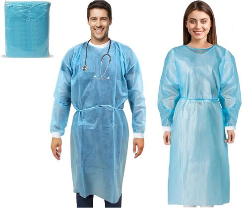 MEDICAL NATION 100 Pack Disposable Isolation Gowns - Blue Level 2 SMS 40gsm Non-Woven Material - PPE Gowns Disposable for Dental, Medical Use, Fluid-Resistant and Latex-Free Gowns, Universal Size in Kuwait