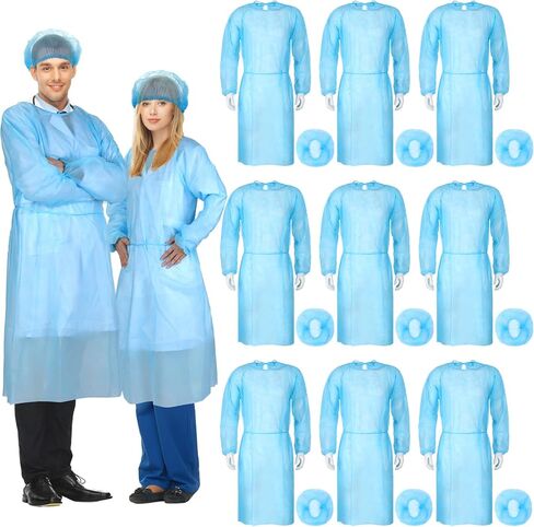 Xuhal 50 Set Disposable Isolation Gowns Set PPE Gowns Disposable and Non Woven Bouffant Caps with Elastic Cuffs for Labs Home Isolation Beauty Agencies Food Service, Unisex Adult, Blue in Kuwait