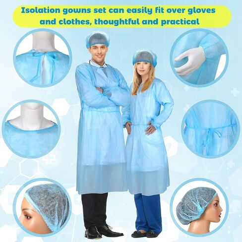 Xuhal 50 Set Disposable Isolation Gowns Set PPE Gowns Disposable and Non Woven Bouffant Caps with Elastic Cuffs for Labs Home Isolation Beauty Agencies Food Service, Unisex Adult, Blue in Kuwait