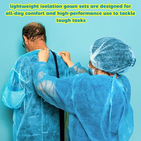 Xuhal 50 Set Disposable Isolation Gowns Set PPE Gowns Disposable and Non Woven Bouffant Caps with Elastic Cuffs for Labs Home Isolation Beauty Agencies Food Service, Unisex Adult, Blue in Kuwait