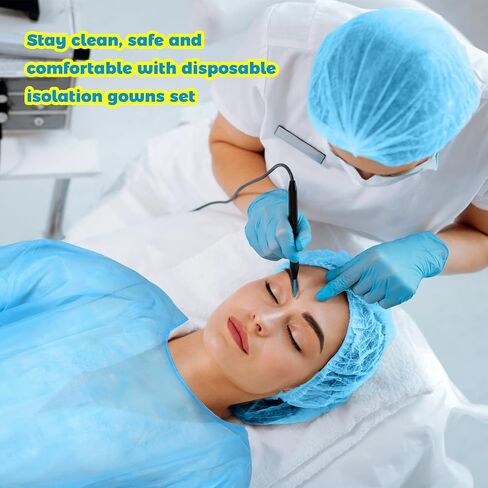 Xuhal 50 Set Disposable Isolation Gowns Set PPE Gowns Disposable and Non Woven Bouffant Caps with Elastic Cuffs for Labs Home Isolation Beauty Agencies Food Service, Unisex Adult, Blue in Kuwait