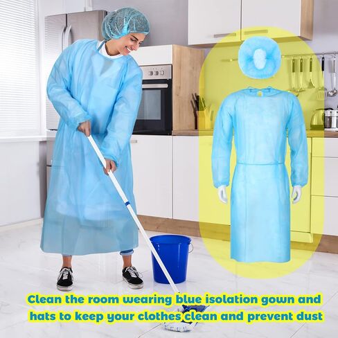 Xuhal 50 Set Disposable Isolation Gowns Set PPE Gowns Disposable and Non Woven Bouffant Caps with Elastic Cuffs for Labs Home Isolation Beauty Agencies Food Service, Unisex Adult, Blue in Kuwait