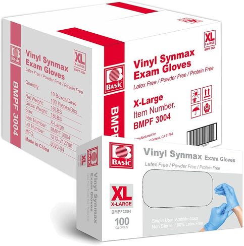 قفازات الفحص الطبية الأساسية Synmax Vinyl - خالية من اللاتكس وخالية من البودرة - مقاس كبير جدًا، BMPF-3004 (علبة بها 1000)، أزرق in Kuwait