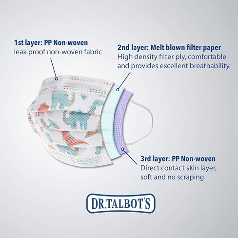 Dr. Talbot's Disposable Protective Face Masks for Boys 2-5 Years - 10-Count - Disposable 3-Layer Single Use Face Masks with Easy-Bend Nose Clip and Soft Ear Loops in Kuwait