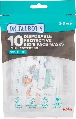 Dr. Talbot's Disposable Protective Face Masks for Boys 2-5 Years - 10-Count - Disposable 3-Layer Single Use Face Masks with Easy-Bend Nose Clip and Soft Ear Loops in Kuwait