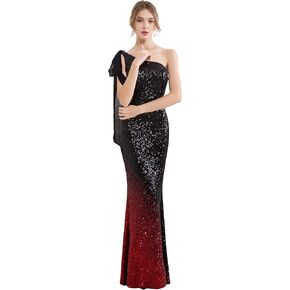 Angel-fashions Women's Asymmetric Ribbon Gradient Sequin Mermaid Long Prom Dress