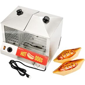 Restaurantware Hi Tek Hot Dog Spinner 1 Curved Glass Sneeze Guard Hot Dog Cooker - Dual Temperature Controls Removable Drip Tray Stainless Steel Hot Dog Roller No-Slip Feet Fits 18 Hot Dogs