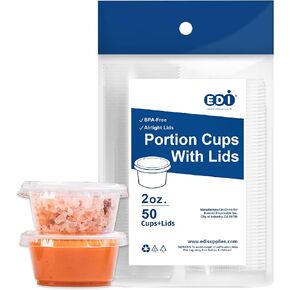 EDI [2 OZ, 50 Sets] Clear Disposable Plastic Portion Cups with Leakproof Lids | Jello Shot Cups | Condiment and Dipping Sauce Cups | Souffle Cups | BPA Free | Recyclable