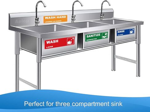 يمكن غسلها، شطف، ملصقات بالوعة غسيل يدوي، لافتات ملصقات مقاومة للماء شديدة التحمل لـ 3 مغسلة مقصورة، مطاعم، مطابخ تجارية، شاحنات طعام، غسيل الأطباق أو محطة غسل، 6.6 سم × 22.6 سم in Kuwait