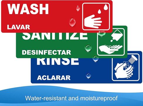 يمكن غسلها، شطف، ملصقات بالوعة غسيل يدوي، لافتات ملصقات مقاومة للماء شديدة التحمل لـ 3 مغسلة مقصورة، مطاعم، مطابخ تجارية، شاحنات طعام، غسيل الأطباق أو محطة غسل، 6.6 سم × 22.6 سم in Kuwait