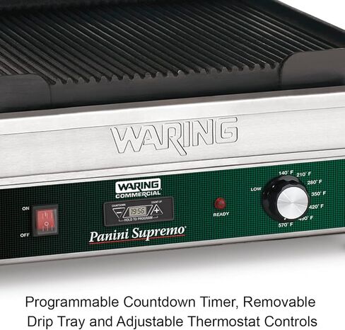 شواية بانيني مضلعة كبيرة من Waring Commercial WPG250T Panini Supremo، مع مؤقت للعد التنازلي لمدة 20 دقيقة، 120 فولت، 1800 واط، قابس 5-15 مرحلة، أخضر in Kuwait