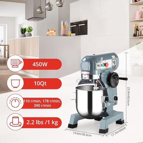 خلاط الطعام التجاري بايونيروركس، 10 كوارت 3 سرعات مع وعاء من الفولاذ المقاوم للصدأ، وخطافات العجين، ومضرب الخفق، وخلاط حامل مع حارس أمان 450 وات، 110 فولت للمطاعم والمخابز والمطبخ التجاري in Kuwait