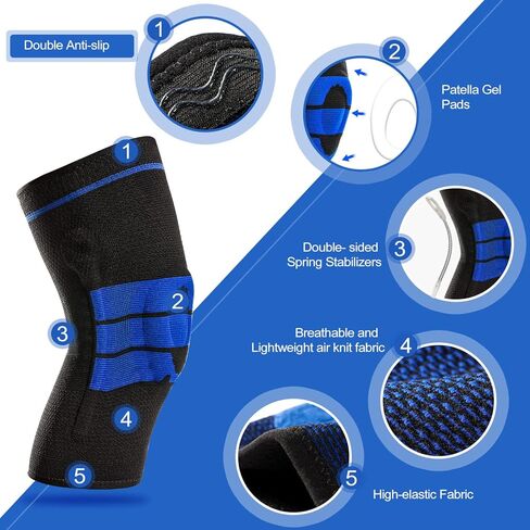 JOCOSA Knee Brace, Professional Knee Compression Sleeve for knee pain, Knee Support with Patella Gel Pads and Side Stabilizers for Man and Woman Black-Blue Medium in Kuwait