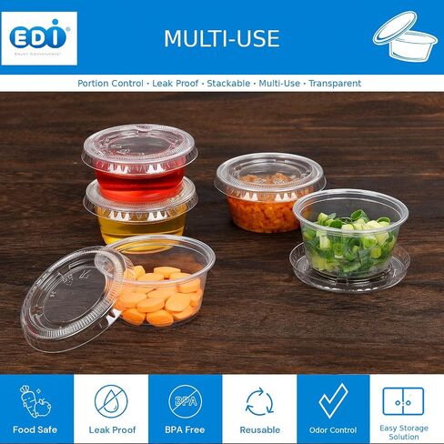 اي دي اي اكواب بلاستيكية شفافة للاستعمال مرة واحدة مع اغطية مانعة للتسرب | اكواب جيلي شوت | اكواب توابل وصلصة الغمس | اكواب سوفليه | خالية من البيسفينول ايه | قابلة لاعادة التدوير [2 اونصة، 50 مجموعة] in Kuwait