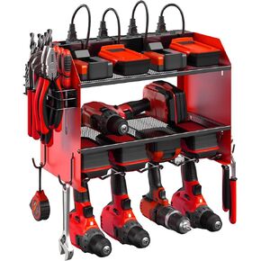 CCCEI Modular Power Tool Organizer Wall Mount with Charging Station. Garage 4 Drill Storage Shelf with Hooks, Screwdriver, Drill Bit Heavy Duty Rack, Tool Battery Holder Built in 8 Outlet Power Strip.